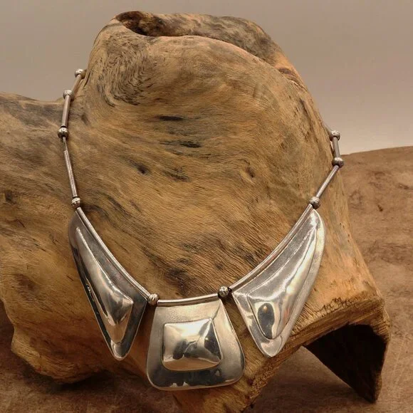 Vintage Native American Modernist Silver Bib Necklace Carlos Diaz Style 17" - Picture 7 of 13